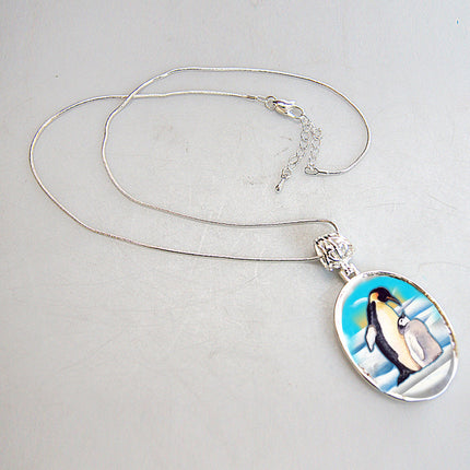 Love Coup[e Penguins Silver Plated Mother of Pearl Jewelry Pendant Necklace - 44033-2-1