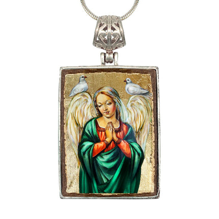 Angel with Dove Religious Jewelry Silver Plated Necklace, Gold-Plated Wooden Cabochon - Christian Sacred Icon - Inspirational Icon Decor - 43026R-0