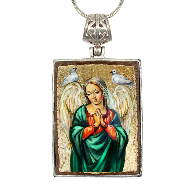 Angel with Dove Religious Jewelry Silver Plated Necklace, Gold-Plated Wooden Cabochon - Christian Sacred Icon - Inspirational Icon Decor - 43026R-0
