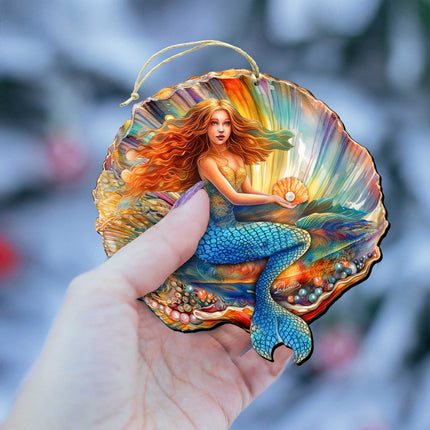 Nautical Christmas Decor - Mermaid in the Shell Wooden Ornaments by G.Debrekht Coastal Holiday Decor - 8688200-2
