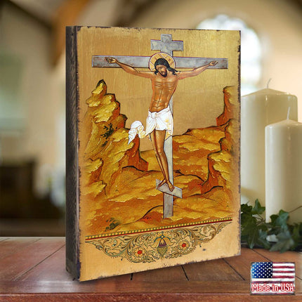 Crucifixion Wooden Gold Plated Religious Christian Sacred Icon - Inspirational Icon Decor - 85058-1