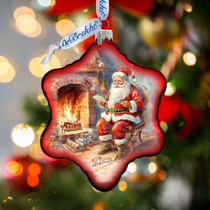 Santa at the Fireplace Snowflake Glass Ornament by G. Debrekht - Christmas Santa Snowman Decor - 754-047-1