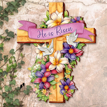 He is Risen Wooden Cross by G. Debrekht - Easter Spring Decor - 88162-3