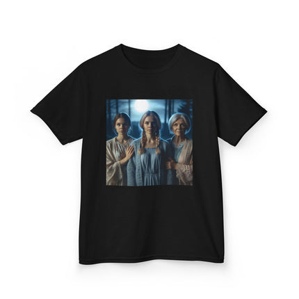 Triple Goddess Kids Tee – Mystical Sisters Graphic Cotton Shirt