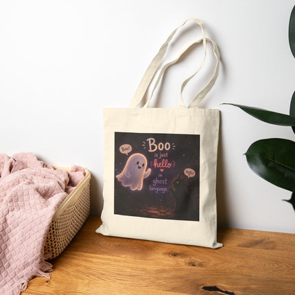 Halloween Ghost Tote Bag — "Boo is just hello in ghost language" Cute Canvas Shopper