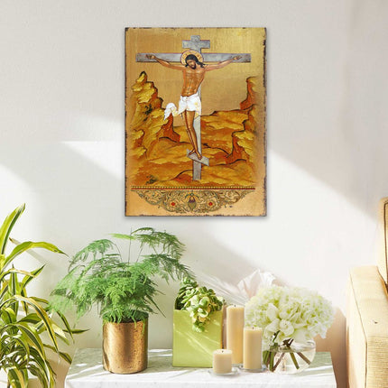 Crucifixion Wooden Gold Plated Religious Christian Sacred Icon - Inspirational Icon Decor - 85058-2
