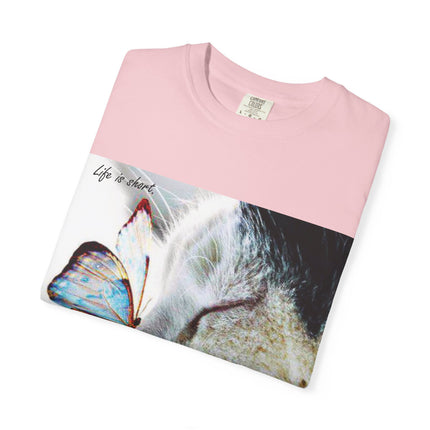 Inspirational Cat & Butterfly T-Shirt | Life is Short Quote
