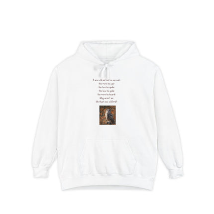 Poetic Owl Hoodie — White Sweatshirt with Verse and Owl Art