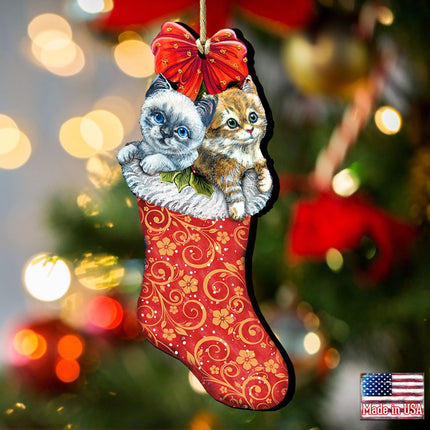 Kitty Cats Christmas Stocking Wooden Ornaments by G. DeBrekht - Christmas Santa Snowman Decor - 8114021-2
