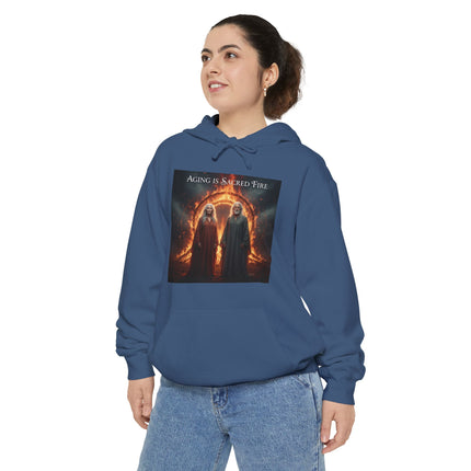 Hoodie - "Aging Is Sacred Fire" Fantasy Cloaked Figures Fire Portal Graphic Hoodie