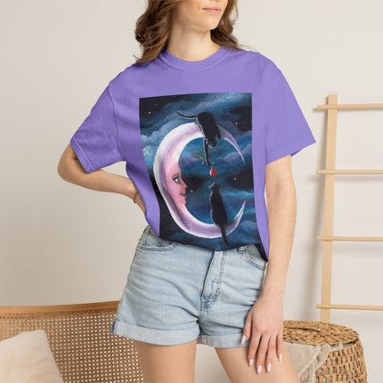 Moonlight Cats Graphic T‑Shirt — Romantic Crescent Moon Art Tee