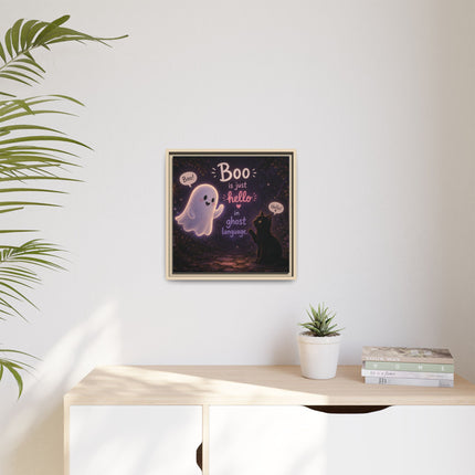 Framed Canvas Art - "Boo is Just Hello" Cute Ghost & Black Cat Halloween Print