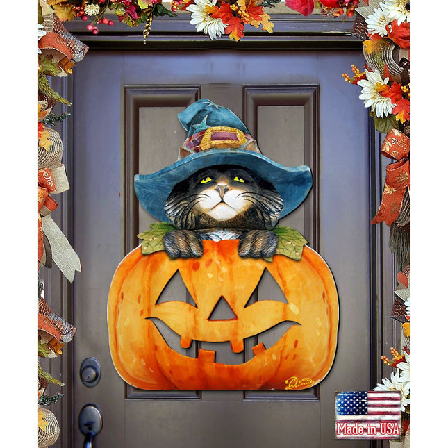 Black Cat pumpkin Halloween Door Decor by G. DeBrekht - Thanksgiving Halloween Decor - 8158416H-0
