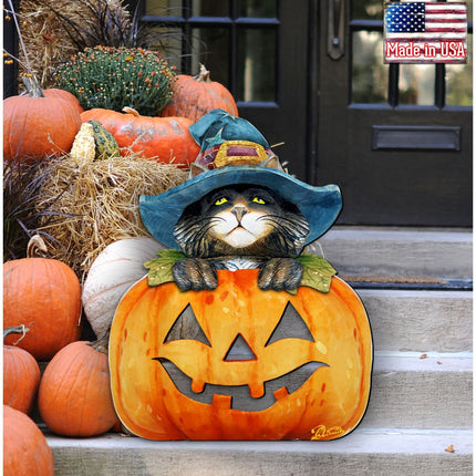 Black Cat pumpkin Halloween Door Decor by G. DeBrekht - Thanksgiving Halloween Decor - 8158416H-1