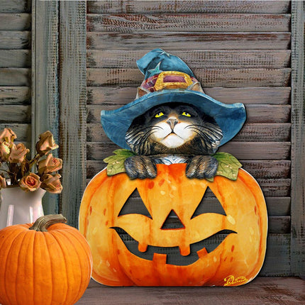 Black Cat pumpkin Halloween Door Decor by G. DeBrekht - Thanksgiving Halloween Decor - 8158416H-2
