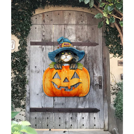 Black Cat pumpkin Halloween Door Decor by G. DeBrekht - Thanksgiving Halloween Decor - 8158416H-3