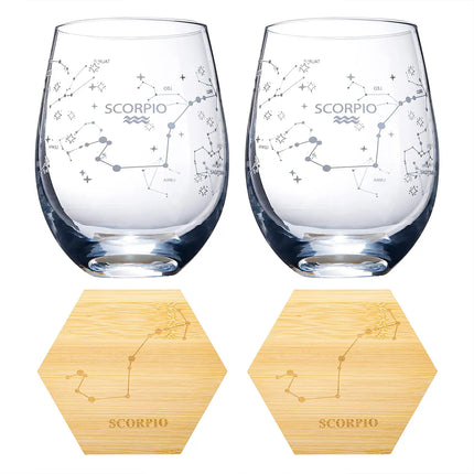 Set of 2 Zodiac Sign Wine Glasses with 2 Wooden Coasters by The Wine Savant - Astrology Drinking Glass Set with Etched Constellation Tumblers for Juice, Water Home Bar Horoscope Gifts 18oz (Scorpio)-4