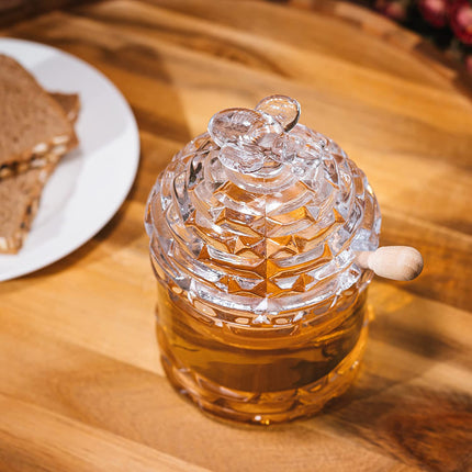 Crystal Bee Honey Dish Jar, Gift 6" - Glass Honey Pot with Dipper and Lid Cover for Home Kitchen Honey and Syrup, Gorgeous Bee Decor Beehive Honey Pot, Great for Jam, Honey, Jelly 14oz-2