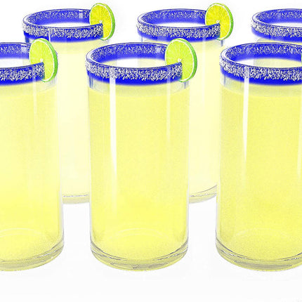 Hand Blown Blue Mexican Drinking Glasses and Pitcher – Set of 6 with Mexican Blue Rim Design (14 oz each) and Pitcher (84 Ounces) Mexico Cobalt Blue Carafe Designs Margarita and Lemonade-2
