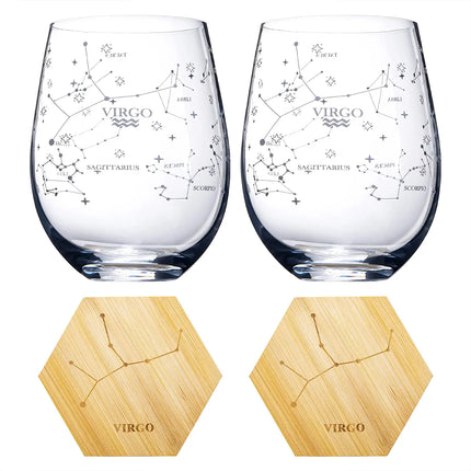 Set of 2 Zodiac Sign Wine Glasses with 2 Wooden Coasters by The Wine Savant - Astrology Drinking Glass Set with Etched Constellation Tumblers for Juice, Water Home Bar Horoscope Gifts 18oz (Virgo)-4