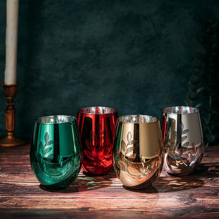 Multicolor 4-Piece Tree Stemless Wine & Water Glasses - Shining Red Green Yellow Silver, Housewarming Gift For Her, Him Party Décor, Colored Glass Trees Décor, Kitchen Home Decoration (Stemless)-1