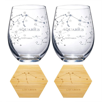 Set of 2 Zodiac Sign Wine Glasses with 2 Wooden Coasters by The Wine Savant - Astrology Drinking Glass Set with Etched Constellation Tumblers for Juice, Water Home Bar Horoscope Gifts 18oz (Aquarius)-4