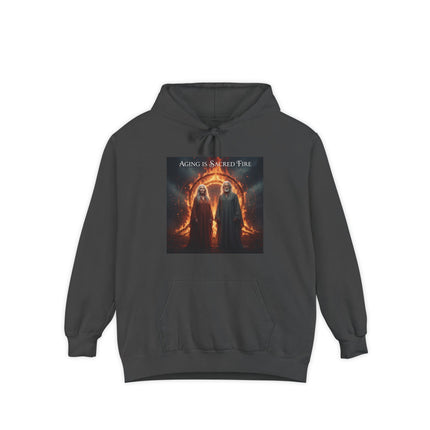 Hoodie - "Aging Is Sacred Fire" Fantasy Cloaked Figures Fire Portal Graphic Hoodie