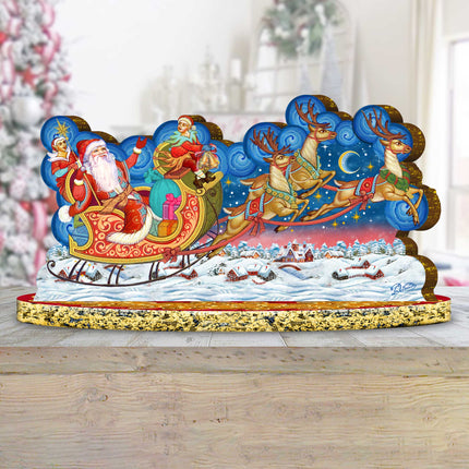 Santa Sleigh Ride with Reindeer Wooden Decor Tabletop Centerpiece by G DeBrekht - Christmas Snowman Decor - 89312-1