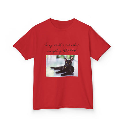 Kids Cat Lover Tee – “A Cat Makes Everything Better” – Heavy Cotton