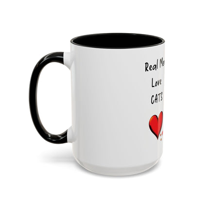 Coffee Mug — "Real Men Love Cats" Accent Ceramic Mug with Cat Photo (11/15 oz)