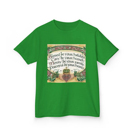 Blessed Holiday Kids Tee – Heart & Crown Celtic-Inspired Winter Shirt