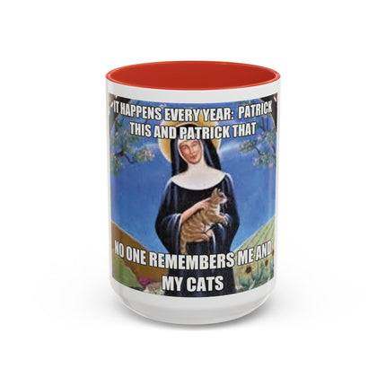 Saint with Cats Coffee Mug – "No One Remembers Me and My Cats" Accent Mug