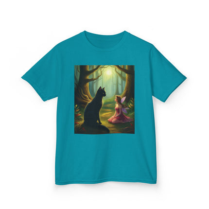 Enchanted Forest Kids Tee – Magical Fairy & Black Cat Design