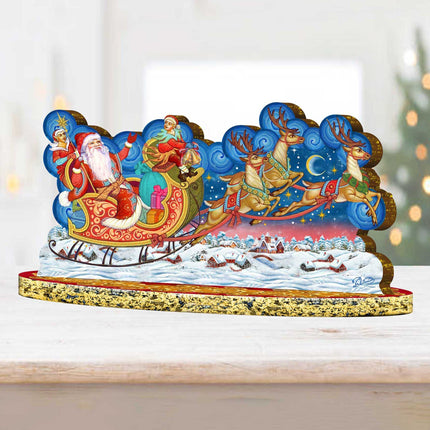 Santa Sleigh Ride with Reindeer Wooden Decor Tabletop Centerpiece by G DeBrekht - Christmas Snowman Decor - 89312-2