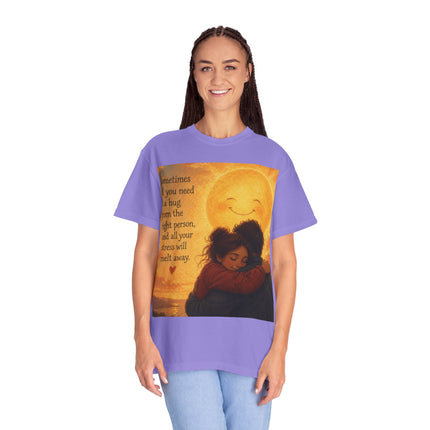 Hug Melt Away T-Shirt — Warm Sunset Illustration & Quote
