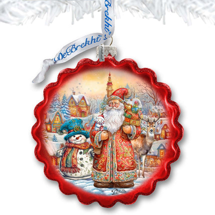 Merry Christmas Wreath Glass Ornament by G. Debrekht - Christmas Santa Snowman Decor - 759-058-4