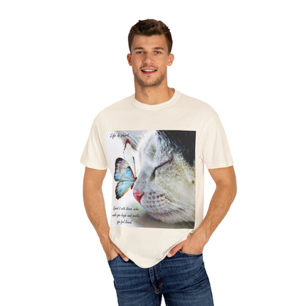 Inspirational Cat & Butterfly T-Shirt | Life is Short Quote