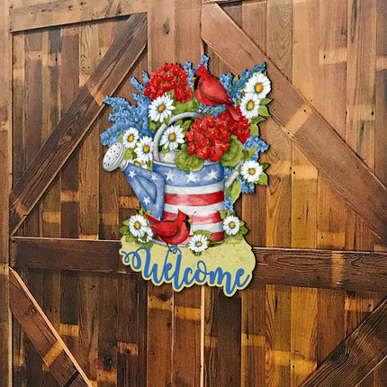 Front Door Patriotic Decoration American Watering Can Flowerpot Welcome Sign - Handmade Gift Rustic Adornment by Susan Winget - Wooden Front Porch Decor - 8471212H-SW-4