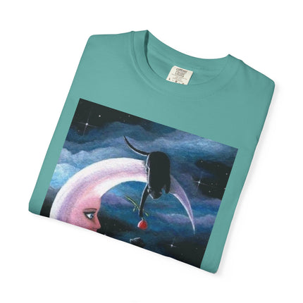 Moonlight Cats Graphic T‑Shirt — Romantic Crescent Moon Art Tee