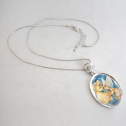 Angels Watching Over Silver Plated Mother of Pearl Jewelry Necklace - 43046-3