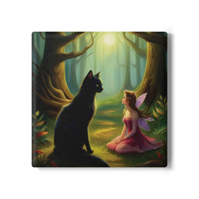Enchanted Forest Fairy Cat Ceramic Coaster - Magical Home Decor