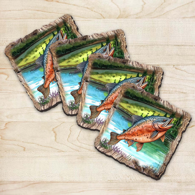 Salmon Wooden Cork Coasters Gift Set of 4 by Nature Wonders Nature Wildlife Decor  - 95394C-S4-0