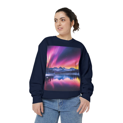 Aurora Lake Crewneck Sweatshirt — Colorful Northern Lights Landscape
