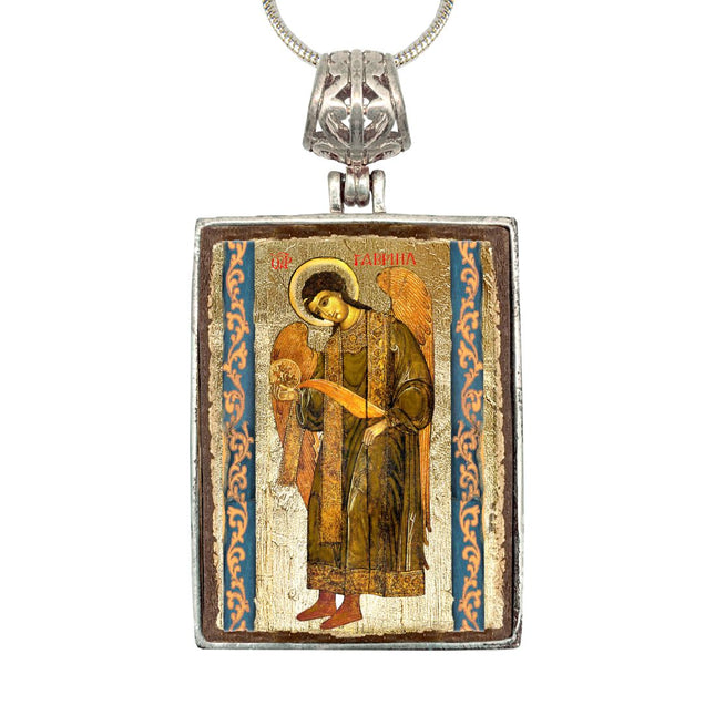 Saint Gabriel Archangel Religious Jewelry Silver Plated Necklace, Gold-Plated Wooden Cabochon - Christian Icon - Inspirational Icon Decor - 43041R-0