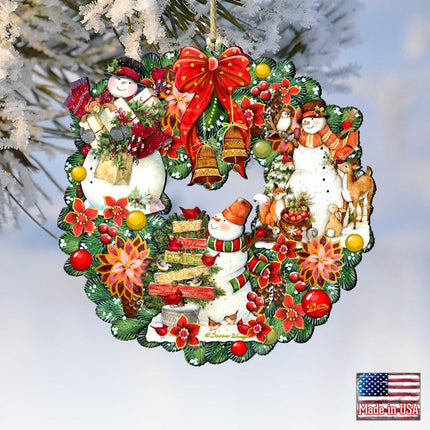 Snowy Christmas Wreath Wooden Ornaments by G DeBrekht and Susan Winget - Santa and Snowman Decor - Item 8185307-4-SW-1