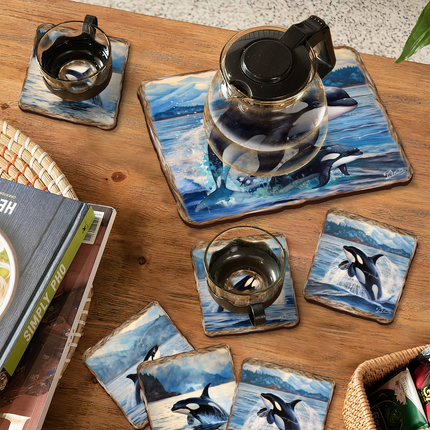 Playful Orcas Wooden Cork Placemat and Coasters Gift Set of 7 by Nature Wonders Nature Wildlife Décor  - 85412C-S7-1