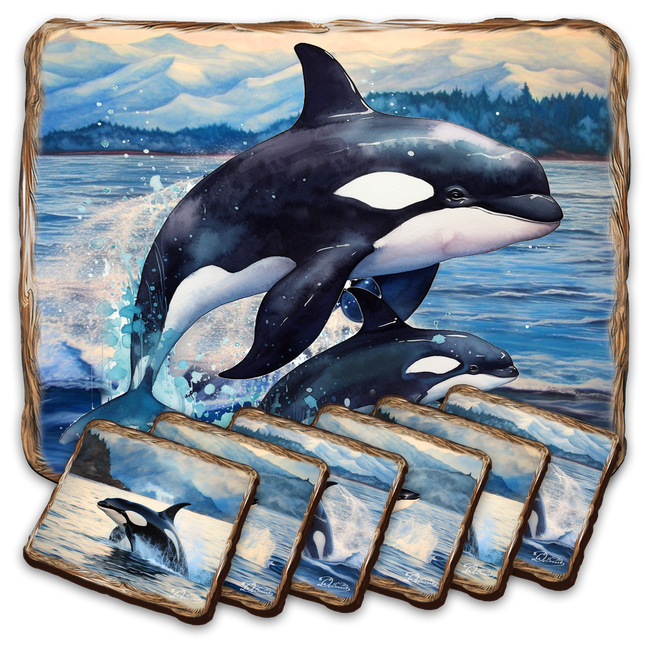 Playful Orcas Wooden Cork Placemat and Coasters Gift Set of 7 by Nature Wonders Nature Wildlife Décor  - 85412C-S7-0