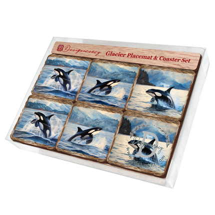 Playful Orcas Wooden Cork Placemat and Coasters Gift Set of 7 by Nature Wonders Nature Wildlife Décor  - 85412C-S7-4