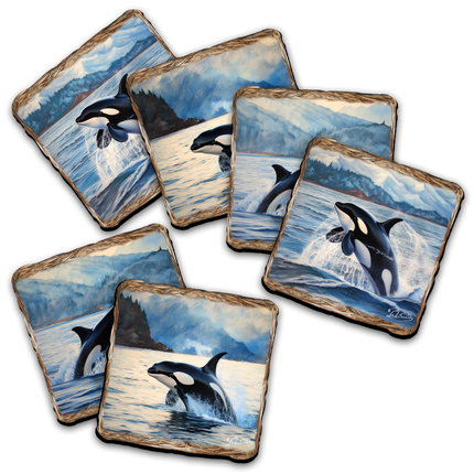 Playful Orcas Wooden Cork Placemat and Coasters Gift Set of 7 by Nature Wonders Nature Wildlife Décor  - 85412C-S7-2