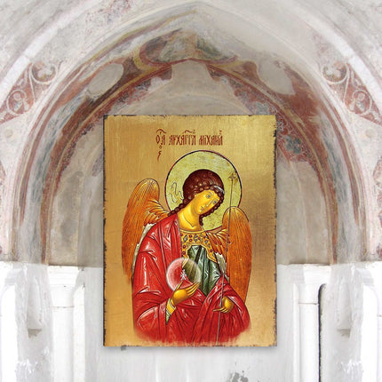 Archangel Michael Wooden Gold Plated Religious Orthodox Sacred Icon - Inspirational Icon Decor - 85027-3